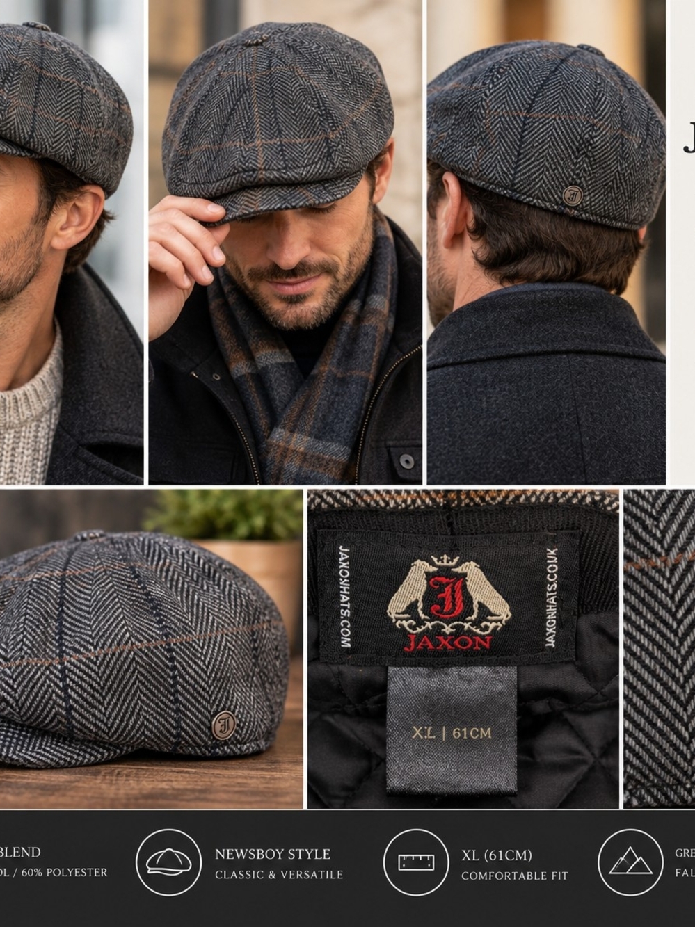 Jax XL Gray Newsboy Cap - Herringbone Tweed